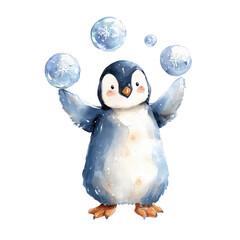 Obraz premium Cute baby penguin juggling snowflakes in whimsical watercolor style during a playful winter scene