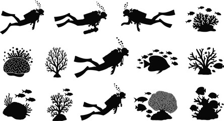 Scuba diver silhouettes, underwater coral reef fish marine life ocean exploration aquatic plants sea diving icons, cad drawing flat vector illustration