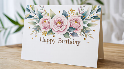 Elegant floral 'Happy Birthday' greeting card design with soft pink roses and gold accents, perfect for celebratory messages