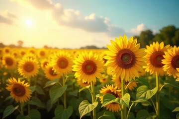 Obraz premium A vibrant field of sunflowers bathed in golden sunlight, representing the expansive reach and bright energy of a fast internet connection , technology, horizon