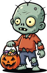 Cartoon zombie character with Halloween pumpkin bucket, trick-or-treat candy theme, spooky undead illustration, scary costume vector, isolated on white background