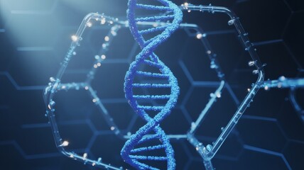 Brilliant luminous blue DNA double helix structure, a complex molecular representation symbolizing cutting-edge genetic science, biotechnology, and innovative research