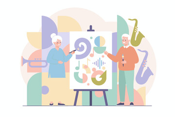Joyful senior couple painting abstract art with musical elements embracing creative hobbies