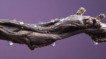 Fototapeta premium Glistening water droplets rest on textured deadwood against a purple backdrop.