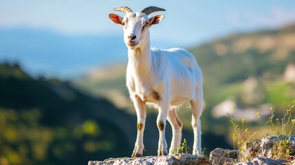 A white goat standing on a rocky outcrop with a mountainous background.