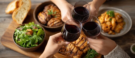 Friends Toasting Red Wine Glasses Dinner Table