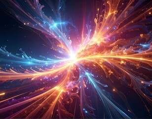 Colorful, cosmic burst with orange, blue, and yellow energy streams