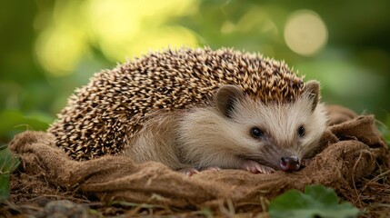 Fototapeta premium A hedgehog resting on a woven mat in a lush green garden.