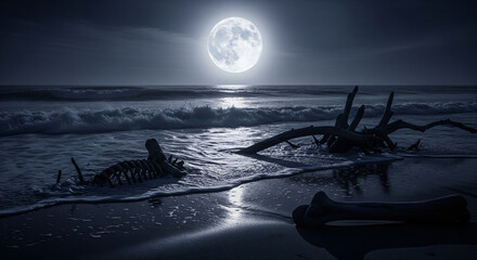 Halloween Beach Scene With Dark Waves Under Glowing Full Moon Skeletal Driftwood On Sand Quiet Eerie Atmosphere Hyper Realistic Textures JPG