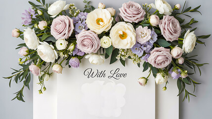 Elegant floral arrangement with soft pastel roses and greenery framing heartfelt "With Love" message, perfect for invitations or greeting cards