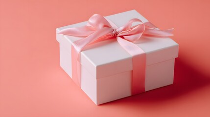 Obraz premium White gift box with pink ribbon sits on a coral background.