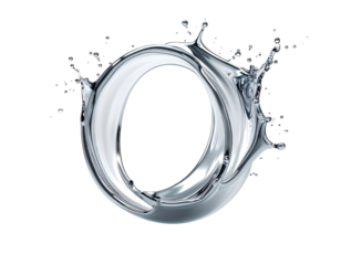 A liquid "O" letter, crafted from water, with splash effects against a black backdrop
