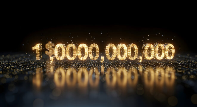 Golden one trillion dollar amount with dollar sign on a dark background with reflections