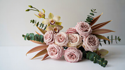 Elegant pink roses and delicate orchids arranged beautifully for a stunning floral display, perfect for celebrations and romantic gestures.