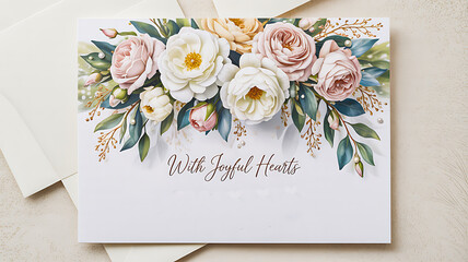 Elegant floral card design with "With Joyful Hearts" greeting perfect for invitations, announcements, or heartfelt notes