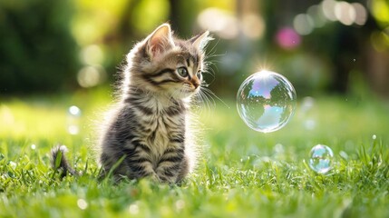 A curious kitten sitting on a grassy lawn with bubbles in the background.