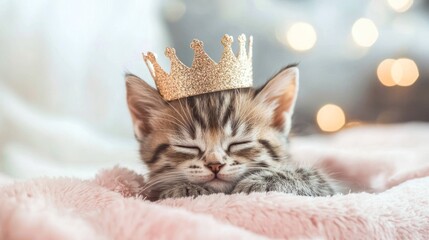 A cute kitten wearing a glittery crown, sleeping on a pink blanket with a bokeh background.