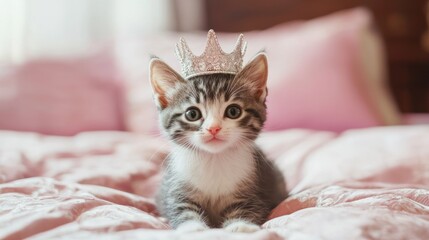 A cute kitten wearing a tiara on a pink bedspread.