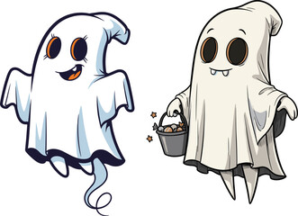 Cute cartoon ghost characters with candy bucket, playful and spooky Halloween theme, festive costumes, cheerful expressions, autumn celebration vector illustration