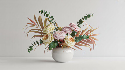 Elegant bouquet of pale pink and cream roses with eucalyptus and dried palm leaves in a modern white vase creating a sophisticated floral arrangement.