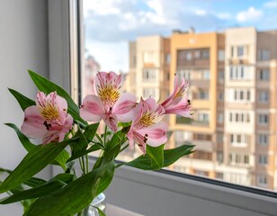 Close-up shot of a cluster of pink and yellow flowers on a windowsill, overlooking a cityscape