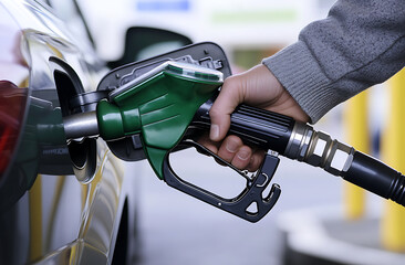 Fueling up: A person's hand holds a green fuel nozzle, filling a car's tank at a station. Emphasizing transport, energy, and the everyday task of vehicle refueling.