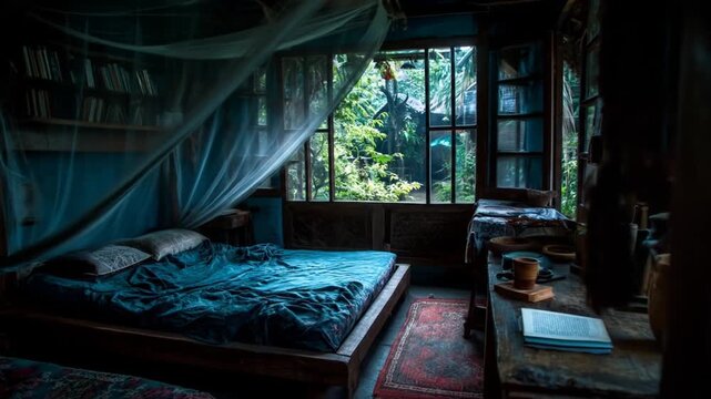 Cozy bedroom interior with bed and window surrounded by trees