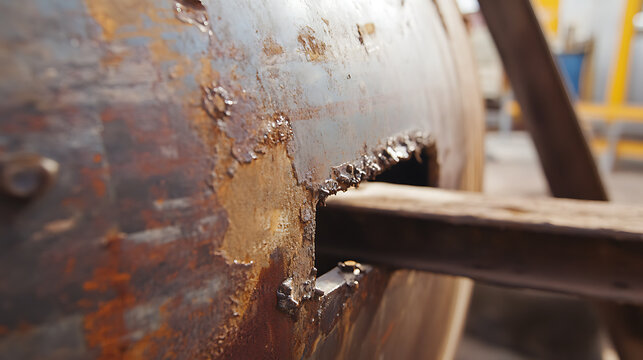 Macro shot of weathered metal with rust, showcasing a rough-edged opening and beam, highlighting textures and industrial degradation in close-up. Rustic charm.