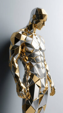 A 3D Stylized Human Figure with Metallic Gold Geometric Polygonal Textures, Embodying a Futuristic Aesthetic