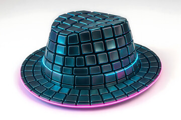 Futuristic bucket hat made from black keyboard keys with colorful glowing rim