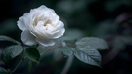 Delicate white rose blooms with dark green leaves in soft focus.