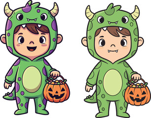 Halloween children in green monster costumes, cartoon vector with candy buckets, striped horns, friendly spooky design, festive trick-or-treat scene