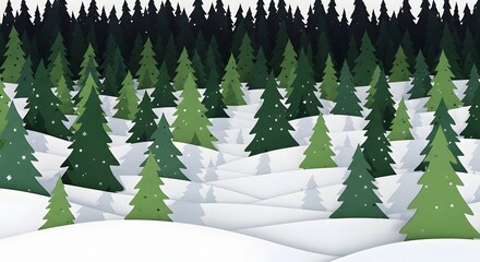 A winter landscape featuring a forest of green paper-cut trees and snow.