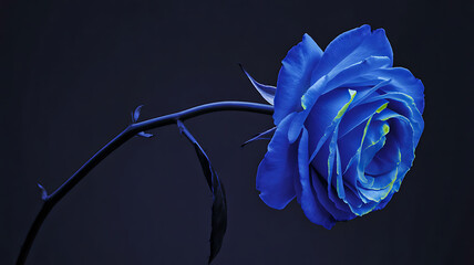 Stunning deep blue rose with vibrant green accents, a symbol of mystery and elegance, perfect for modern design projects and romantic themes.