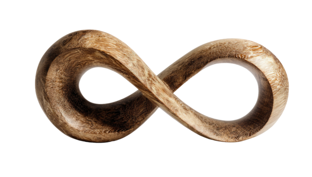 Wooden infinity symbol with realistic texture on a black background, showcasing a looped shape