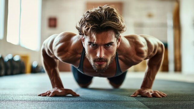 A muscular man performing push-ups in a gym.