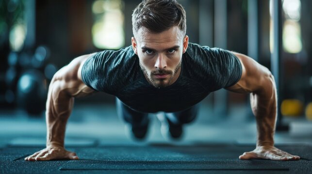 A muscular man performing push-ups in a gym.