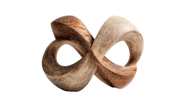 An intricately sculpted infinity symbol made of wood, rendered against a stark black background