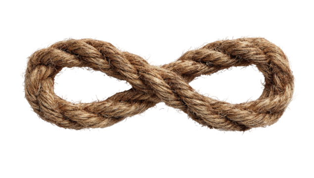 A close-up photo shows a thick, textured rope crafted into the symbol of infinity on black