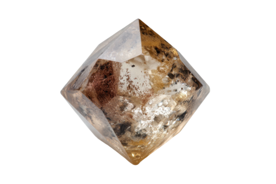 A transparent mineral crystal with geometric facets and internal inclusions, isolated on black