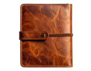 Close-up of a textured, brown leather notebook with strap closure