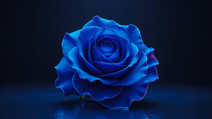 Stunning single blue rose illuminated with dramatic neon lighting, perfect for romantic themes, luxury branding, or artistic projects.