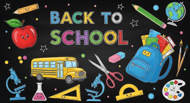 Back to School Blackboard Illustration with Educational Icons.