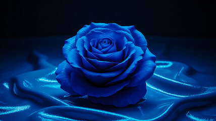Stunning deep blue rose elegantly rests on flowing satin fabric creating a luxurious and romantic mood perfect for sophisticated design