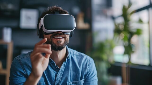 A man wearing a VR headset, experiencing virtual reality in a modern office setting.