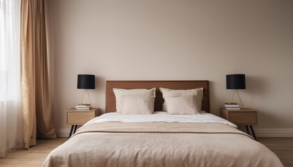 minimalist bedroom with low beige linen bed dark wood headboard and nightstands pale walls neutral tones clean symmetrical layout soft natural light analog photo aesthetic subtle film grain