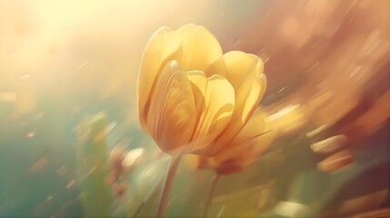 Golden tulip in sunlight – dreamy yellow flower with motion blur and soft bokeh background
