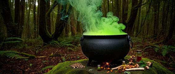 Mysterious black cauldron bubbling with vibrant green smoke amidst an enchanted forest setting