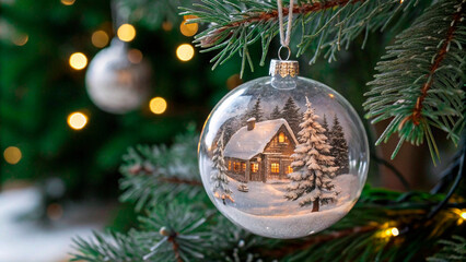 Magical Christmas ornament with a cozy winter cabin scene hanging on a festive fir tree, surrounded by bokeh lights, symbolizing holiday spirit.
