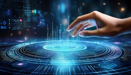 hand touch digital hud interface futuristic technology background of virtual computer screen display ui future concept or cyber communication hologram and innovation internet system on vr cyberspace
